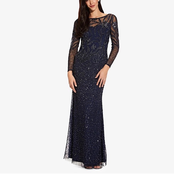 Adrianna Papell Dresses & Skirts - Adrianna Papell Beaded Dress Sheer Long Sleeves in Midnight